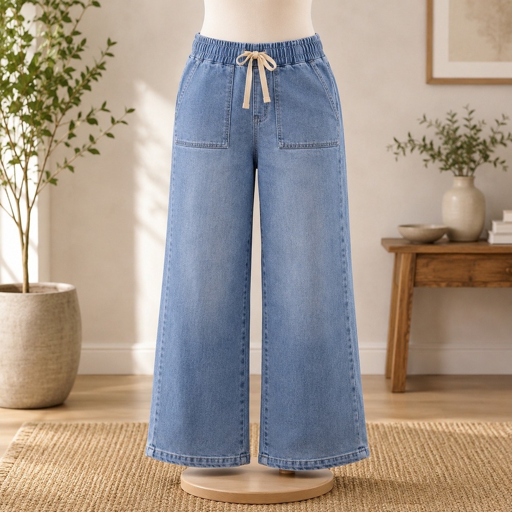 NEW Belle Kim Gravel Denim Pants 6 Blue Elastic Waist Drawstring Crop Pockets
